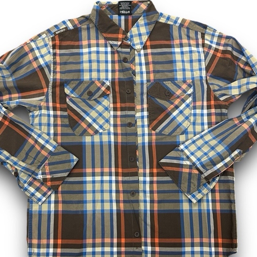 Enyce Clothing Co Brand Distinction Mens Sz L Blue Brown Plaid LS Shirt. Button